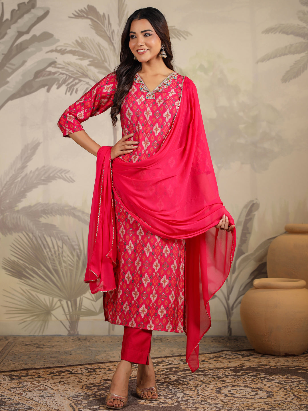 Pink Chanderi Ikkat Printed Straight Kurta Set