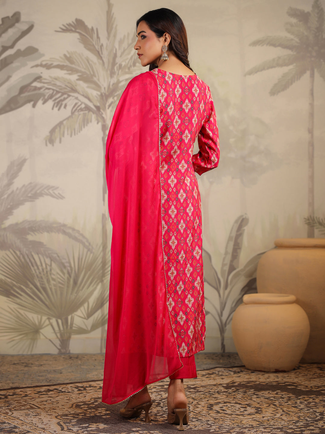 Pink Chanderi Ikkat Printed Straight Kurta Set