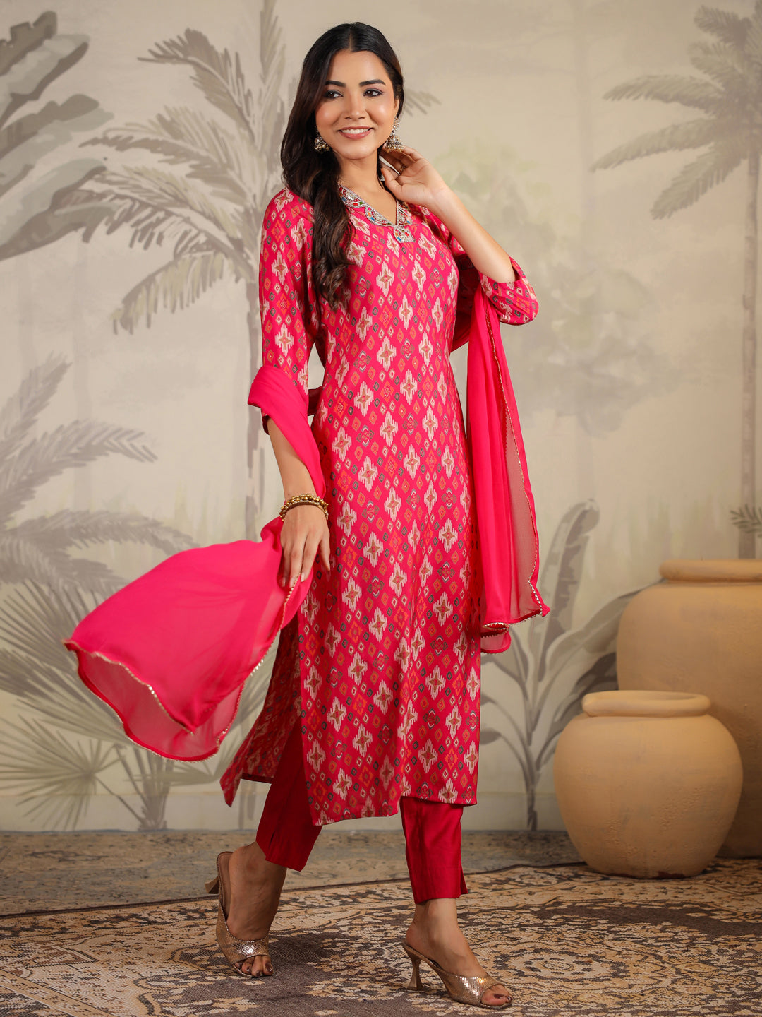 Pink Chanderi Ikkat Printed Straight Kurta Set