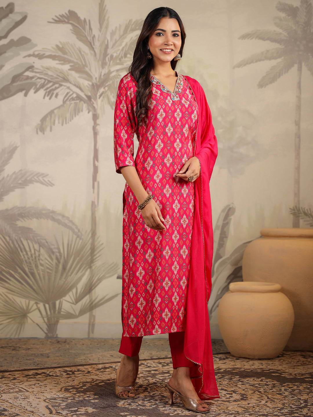 Pink Chanderi Ikkat Printed Straight Kurta Set