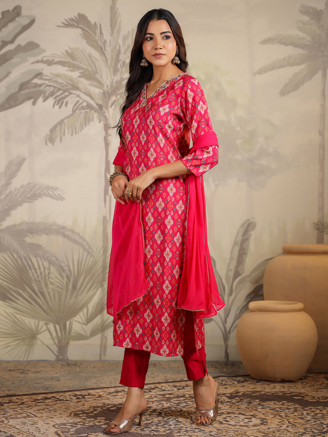 Pink Chanderi Ikkat Printed Straight Kurta Set