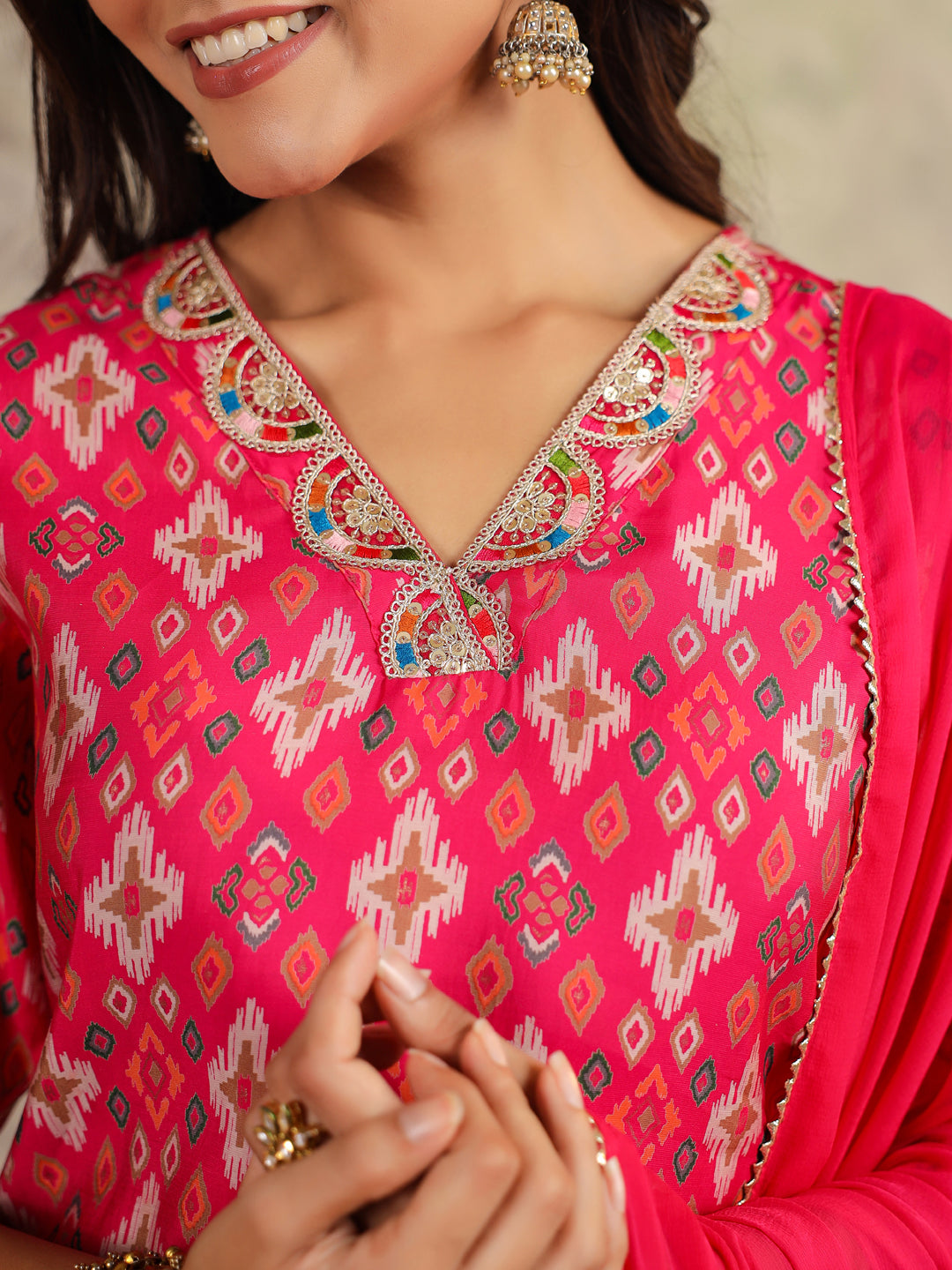 Pink Chanderi Ikkat Printed Straight Kurta Set