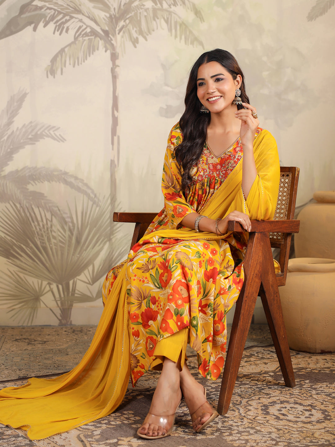 Mustard Silk Blend Floral Printed A-line Kurta Set