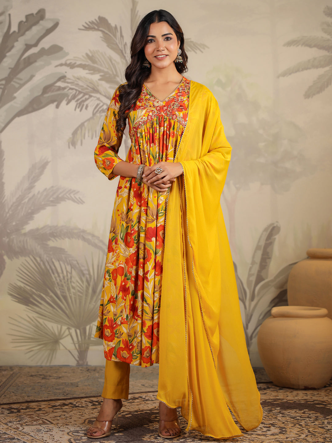 Mustard Silk Blend Floral Printed A-line Kurta Set