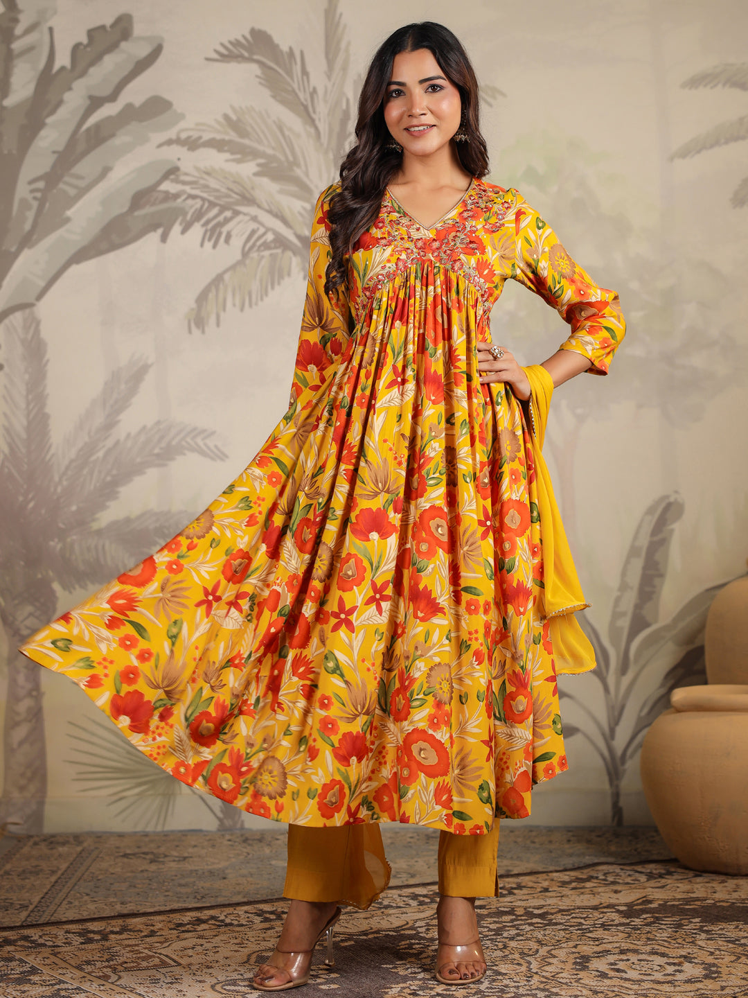 Mustard Silk Blend Floral Printed A-line Kurta Set