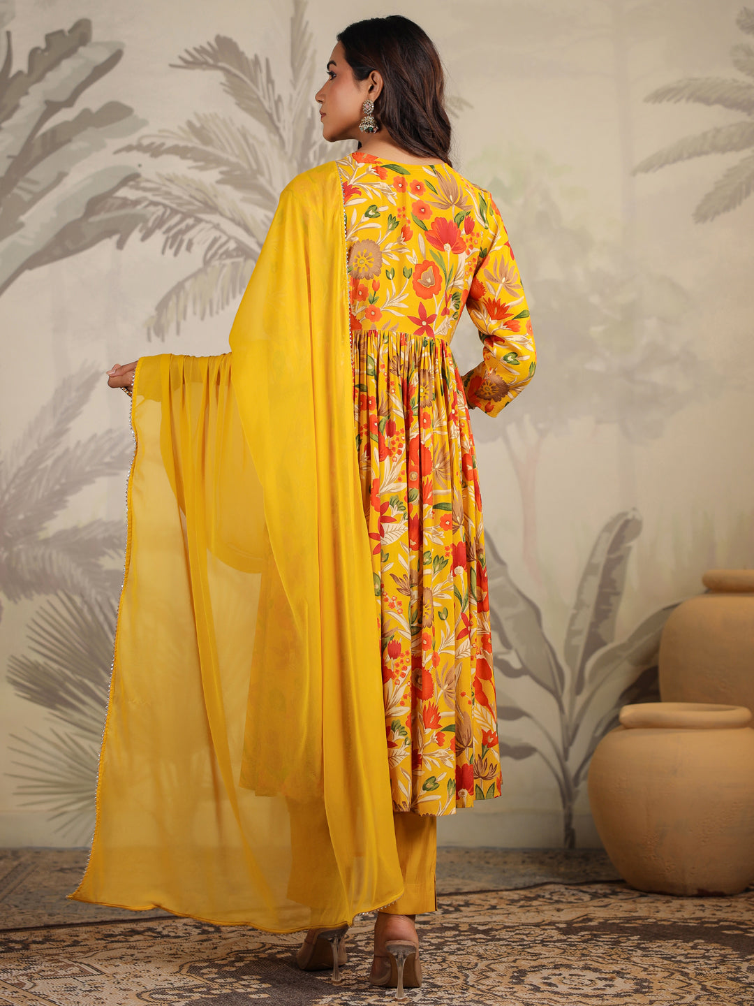 Mustard Silk Blend Floral Printed A-line Kurta Set