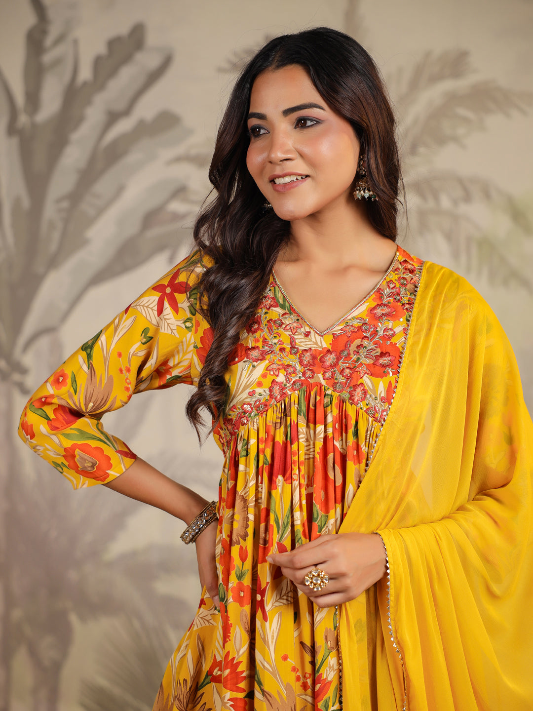 Mustard Silk Blend Floral Printed A-line Kurta Set