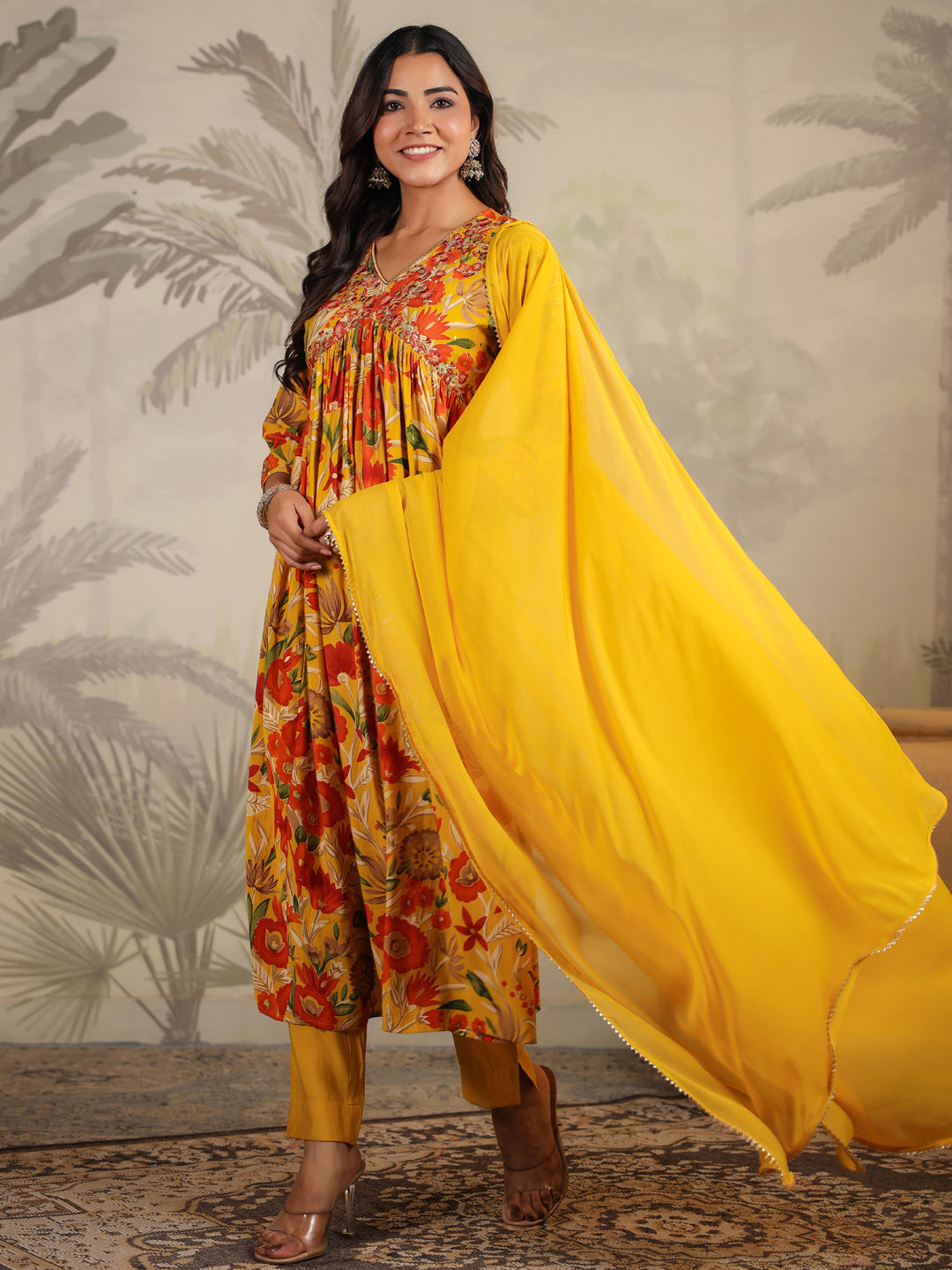 Mustard Silk Blend Floral Printed A-line Kurta Set