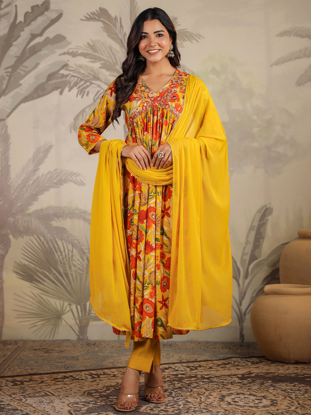 Mustard Silk Blend Floral Printed A-line Kurta Set