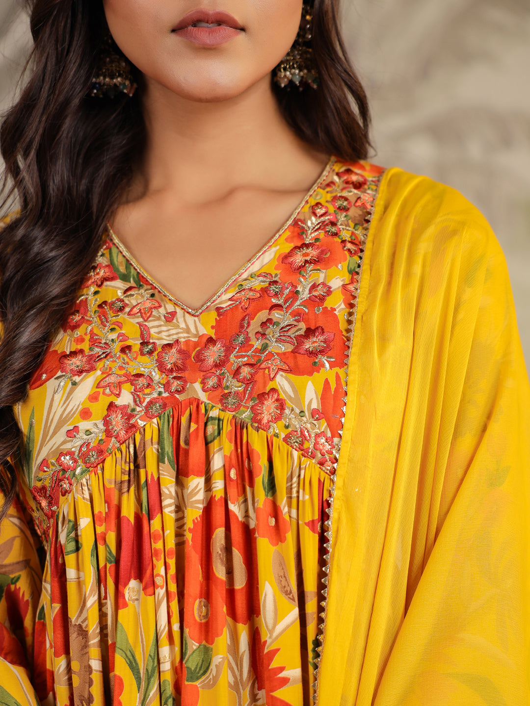 Mustard Silk Blend Floral Printed A-line Kurta Set