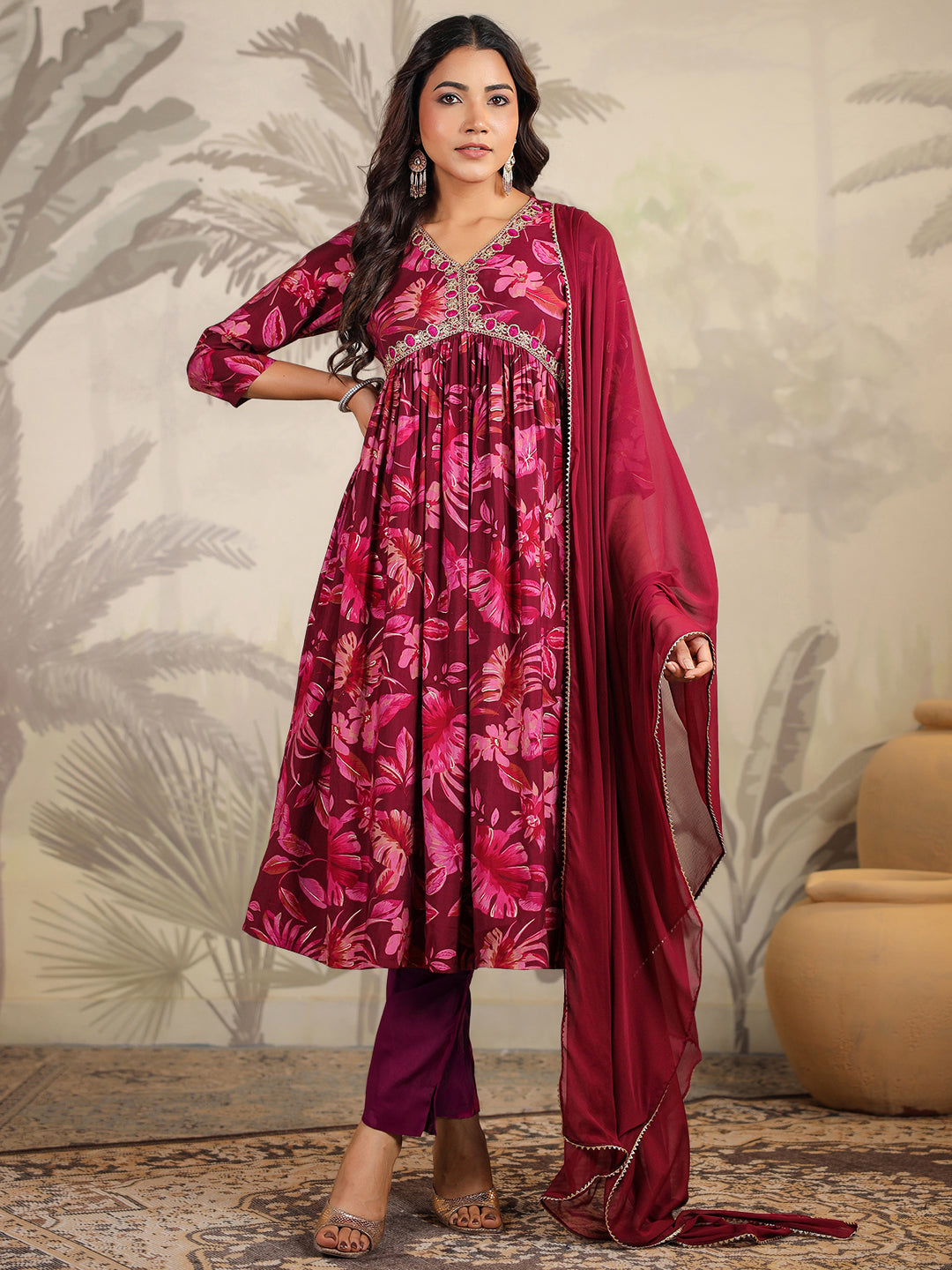 Wine Chanderi Floral Printed A-Line Kurta Set