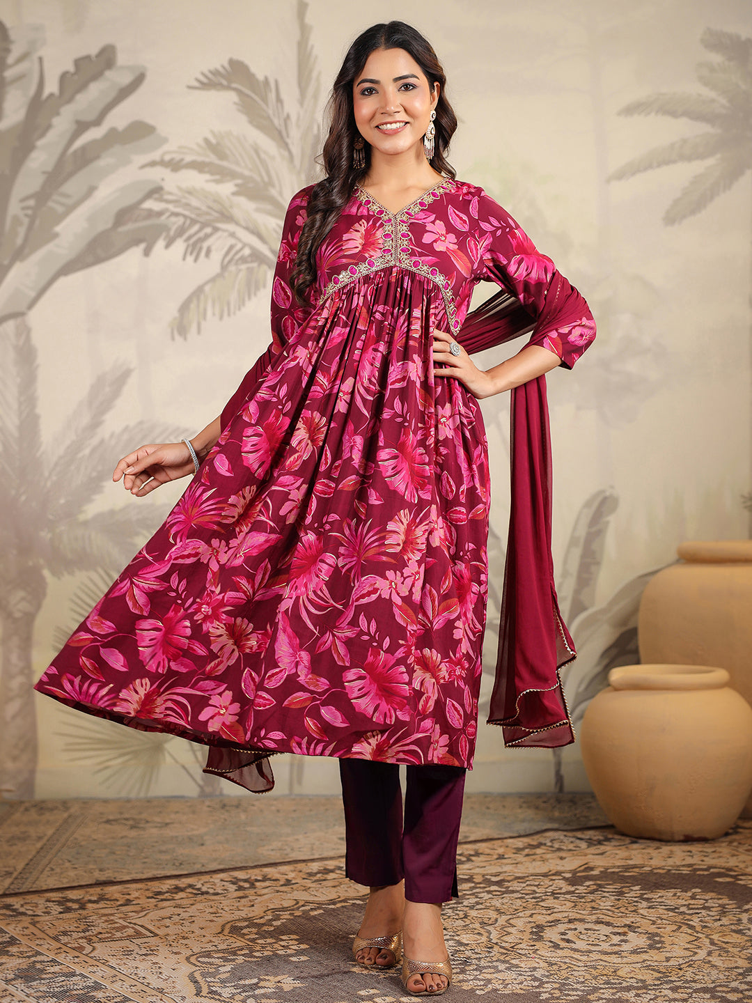 Wine Chanderi Floral Printed A-Line Kurta Set