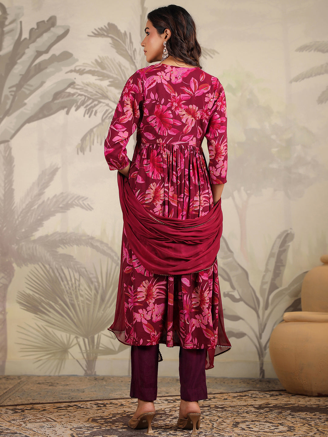 Wine Chanderi Floral Printed A-Line Kurta Set