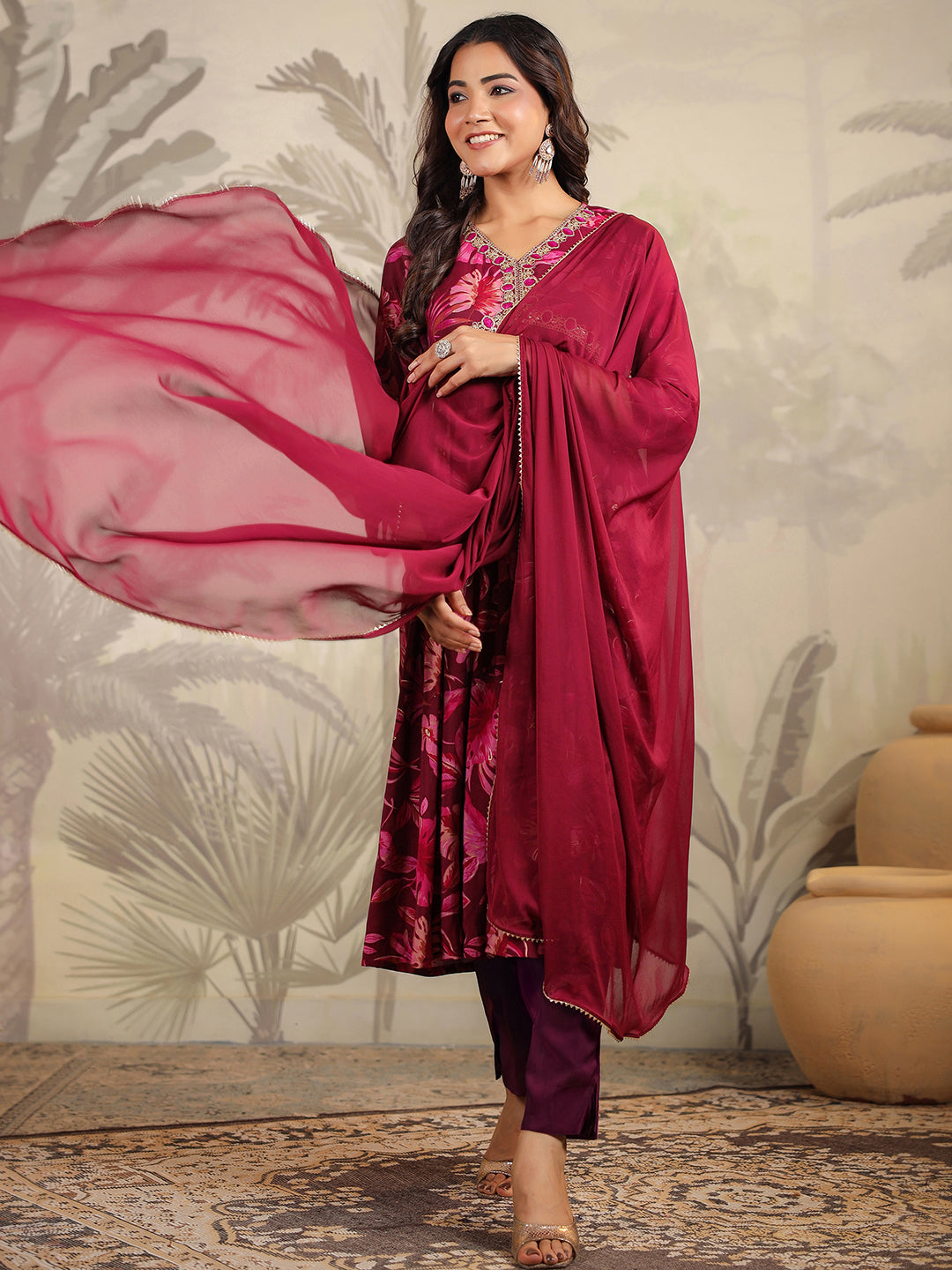 Wine Chanderi Floral Printed A-Line Kurta Set