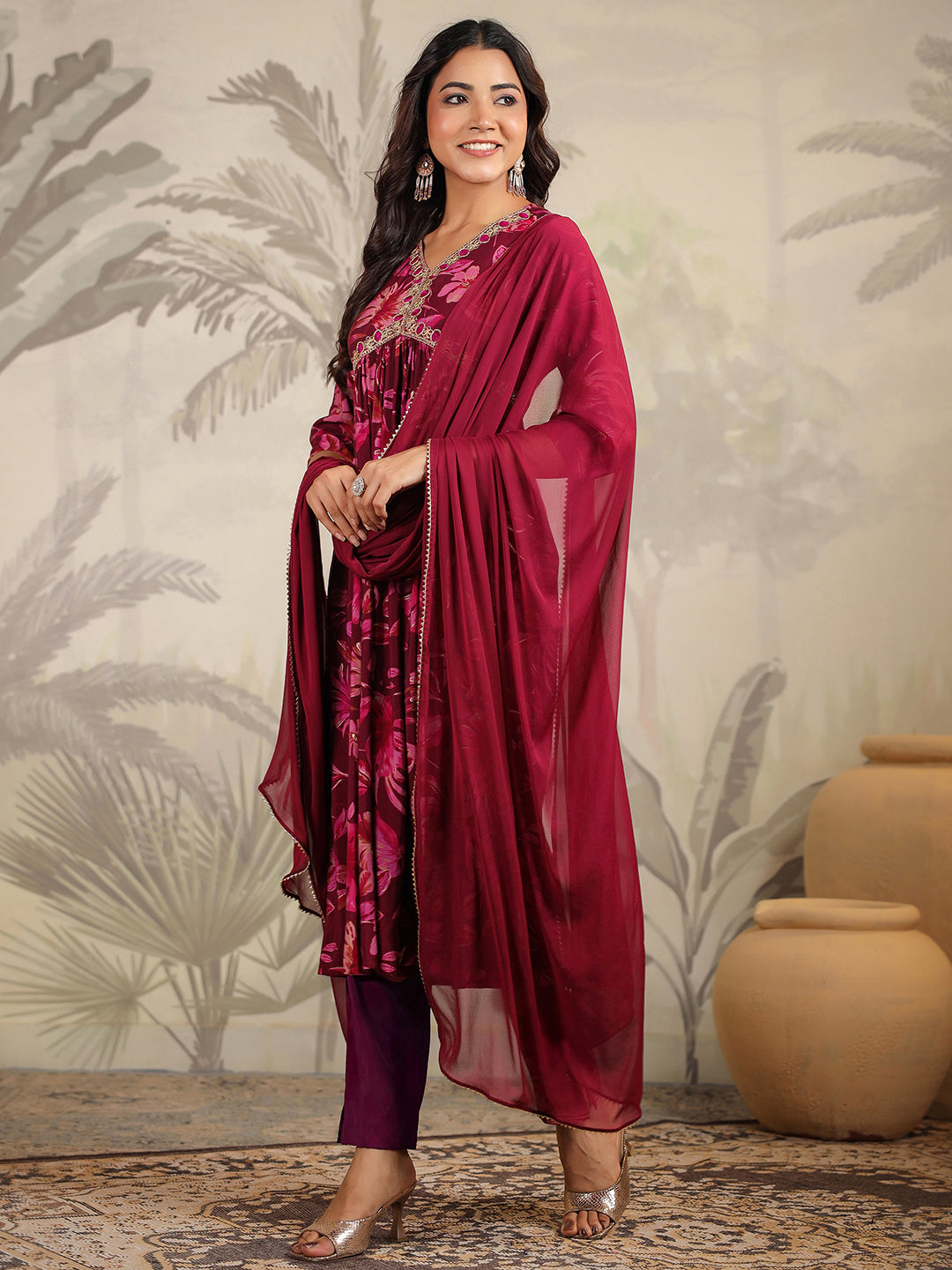 Wine Chanderi Floral Printed A-Line Kurta Set