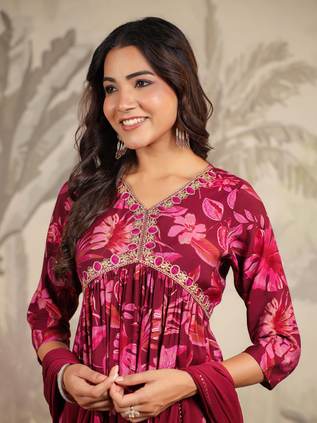 Wine Chanderi Floral Printed A-Line Kurta Set