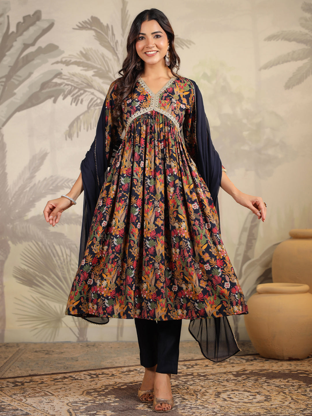 Black Chanderi Floral Printed A-Line Kurta Set