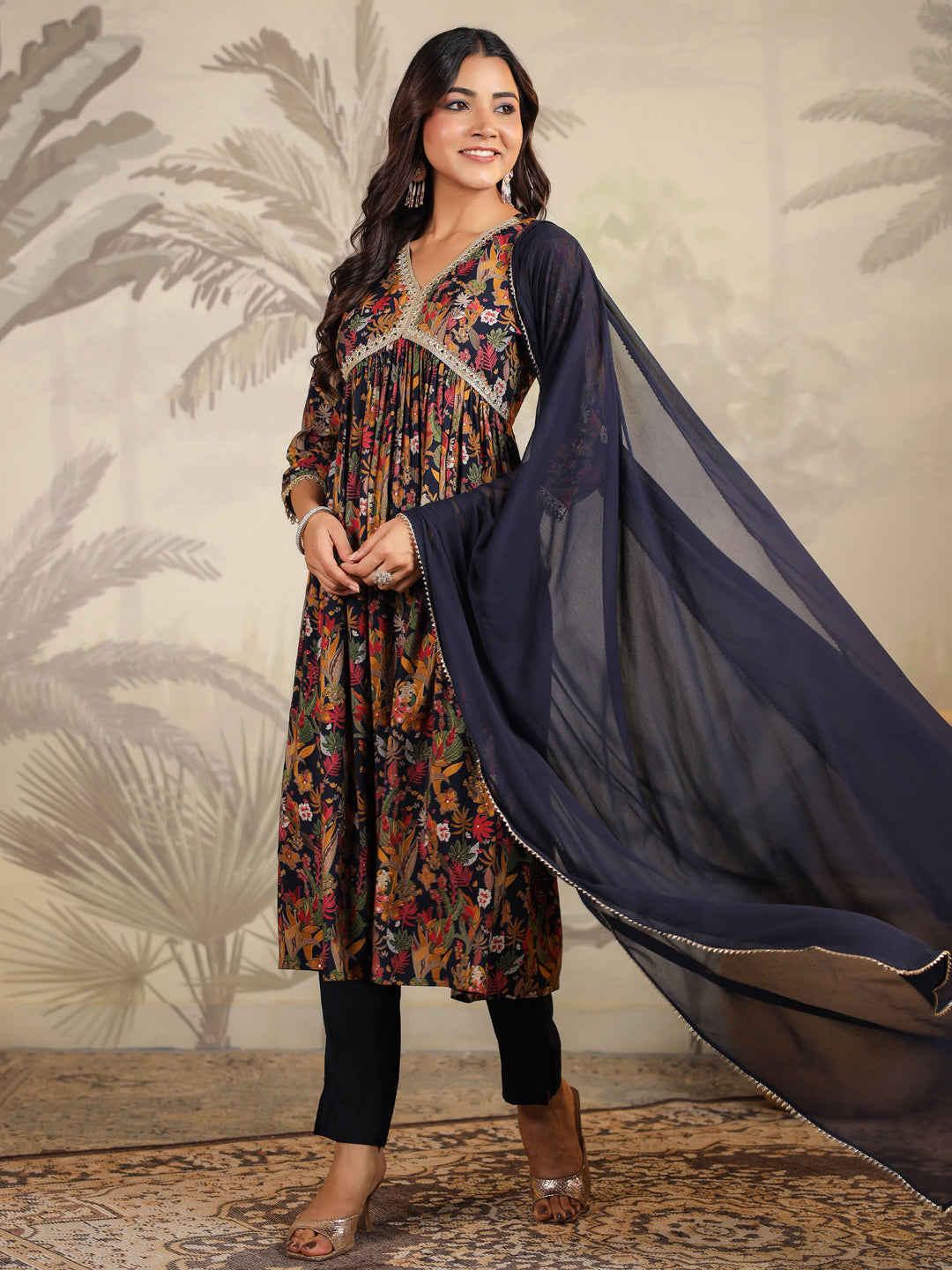 Black Chanderi Floral Printed A-Line Kurta Set