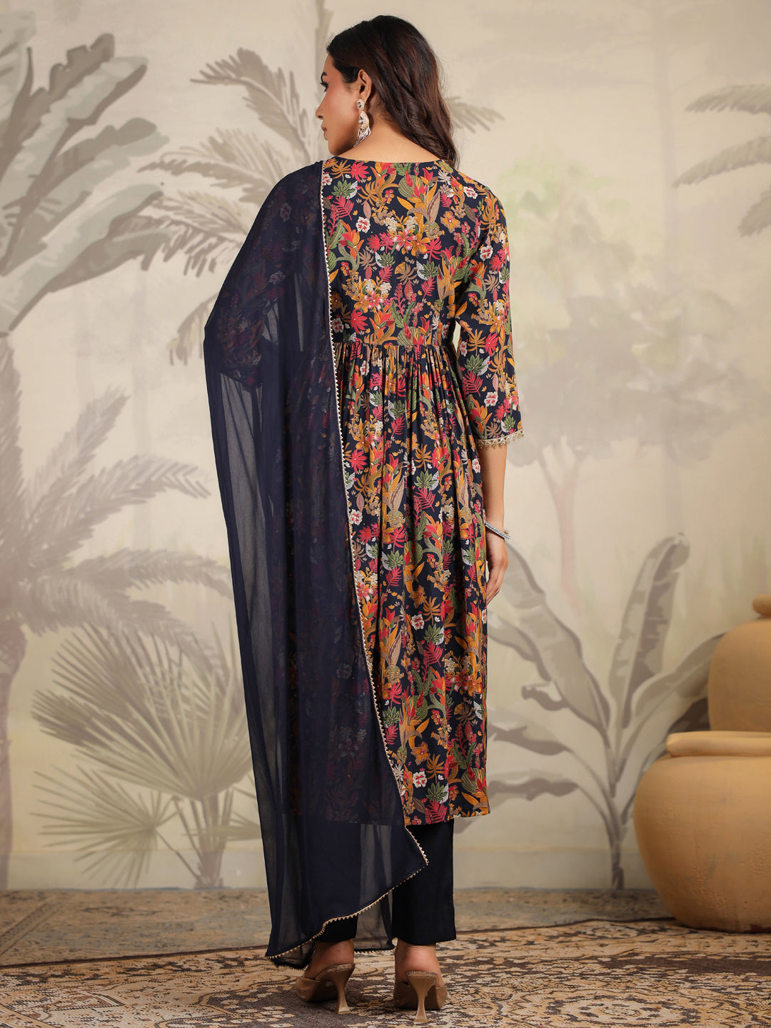 Black Chanderi Floral Printed A-Line Kurta Set