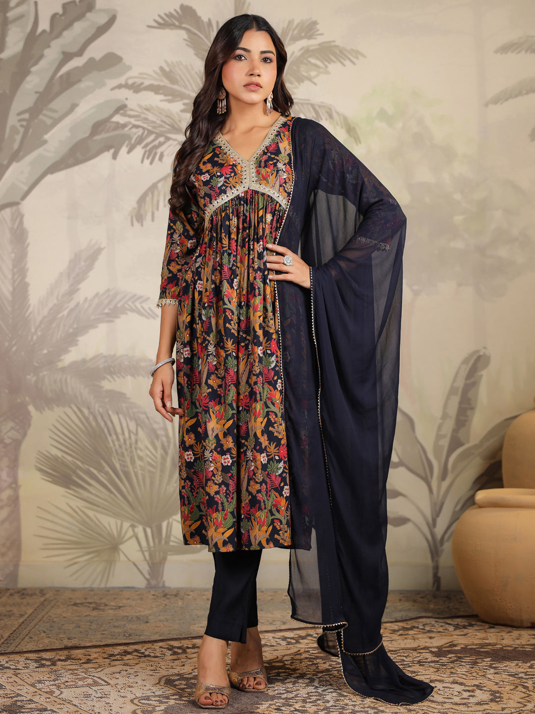 Black Chanderi Floral Printed A-Line Kurta Set