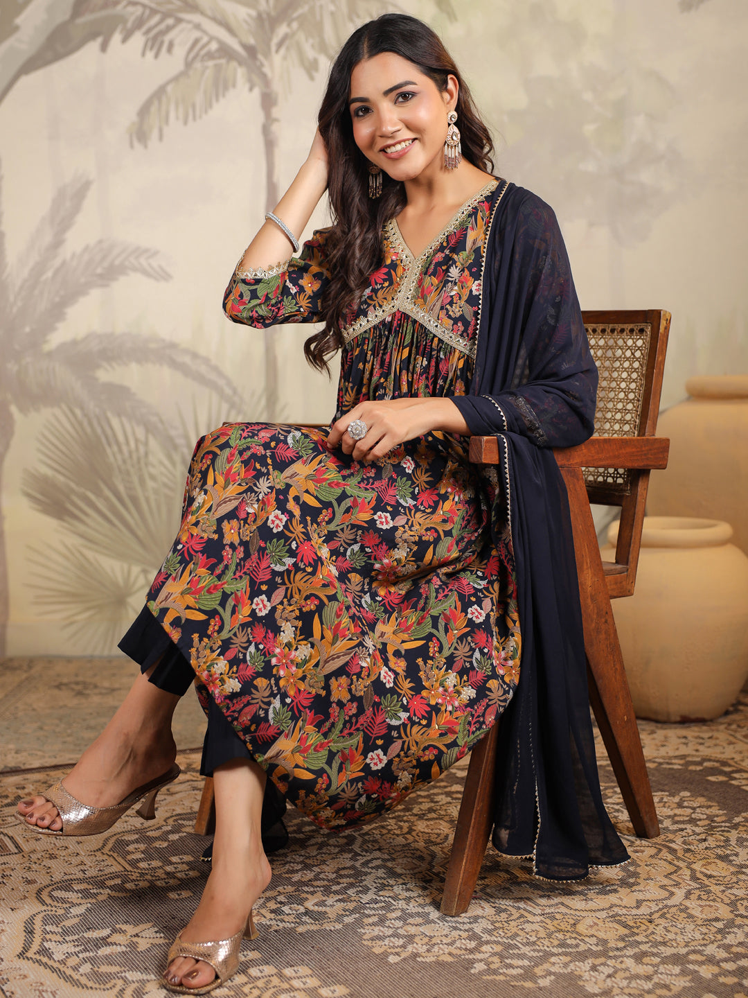 Black Chanderi Floral Printed A-Line Kurta Set