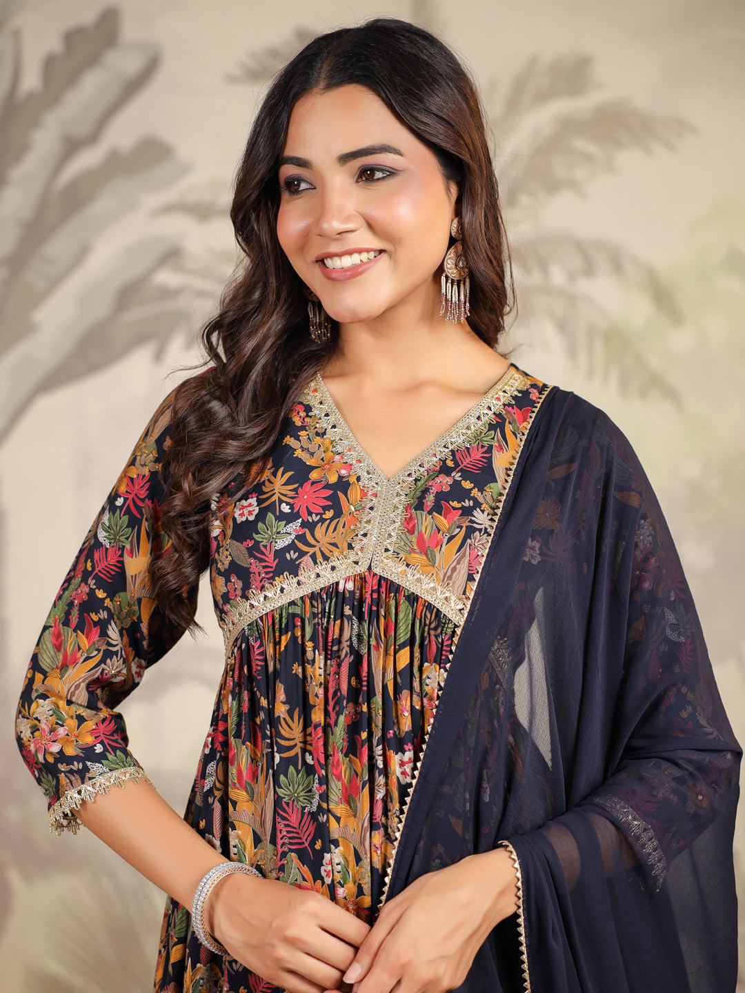 Black Chanderi Floral Printed A-Line Kurta Set