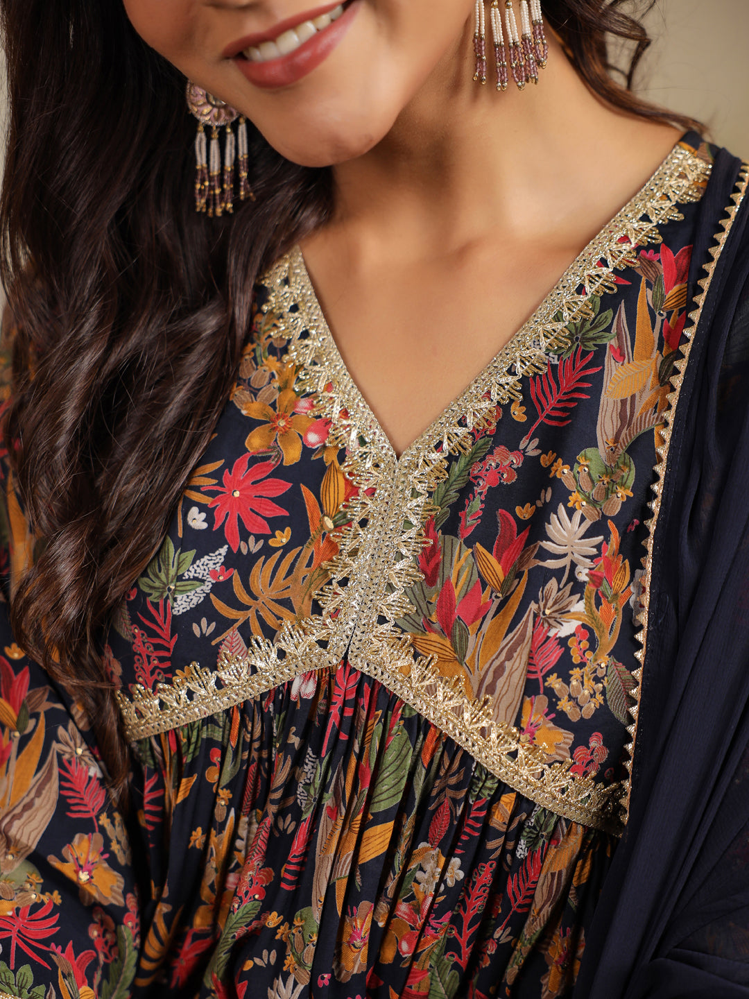 Black Chanderi Floral Printed A-Line Kurta Set