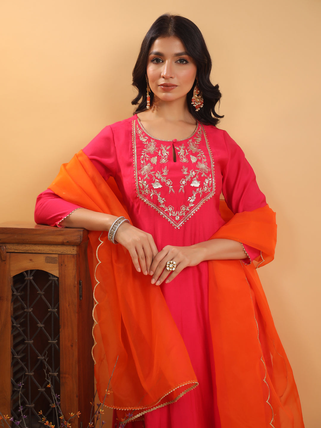 Pink Silk Blend Yoke Embroidered Anarkali Kurta Set