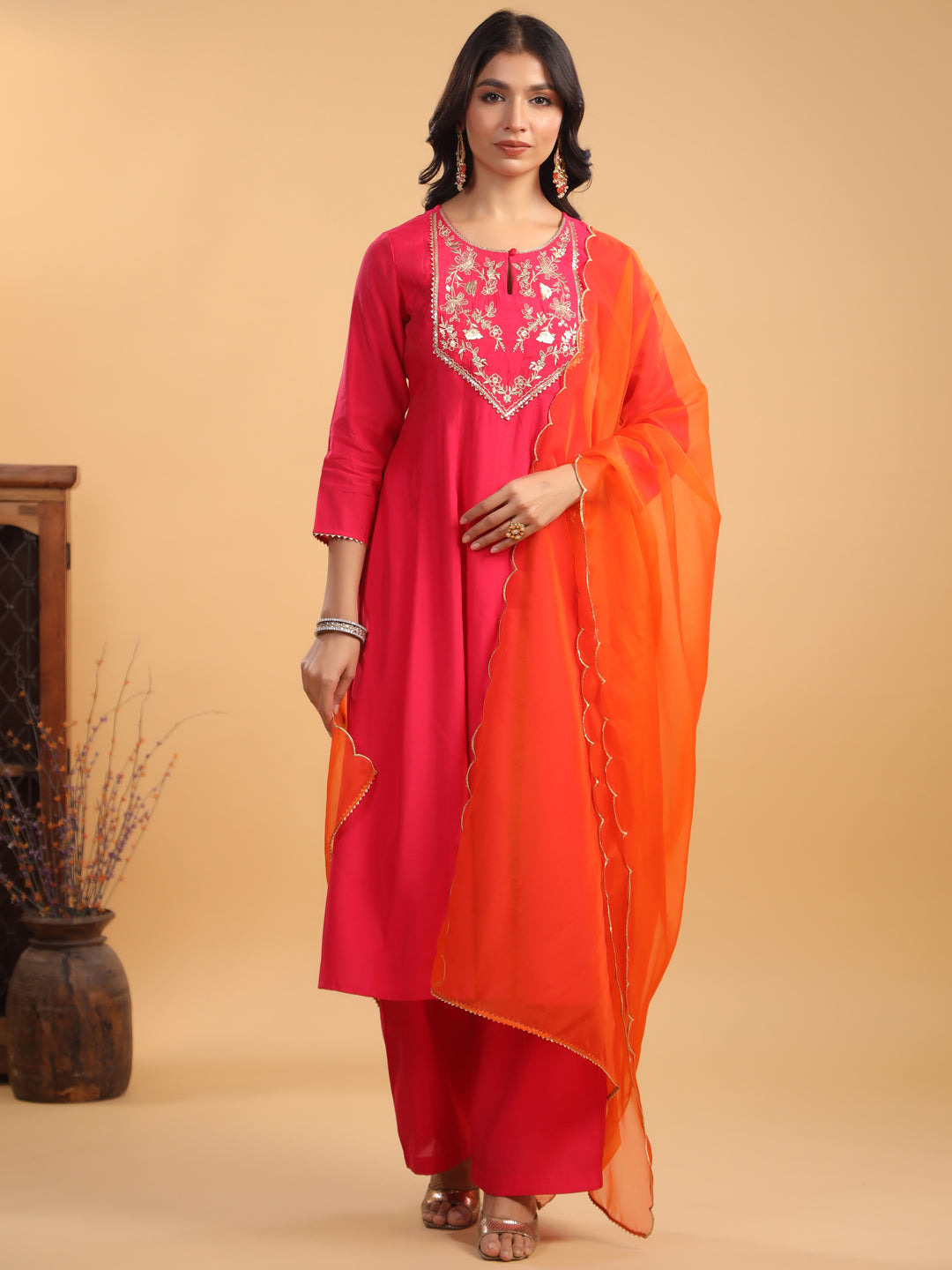 Pink Silk Blend Yoke Embroidered Anarkali Kurta Set