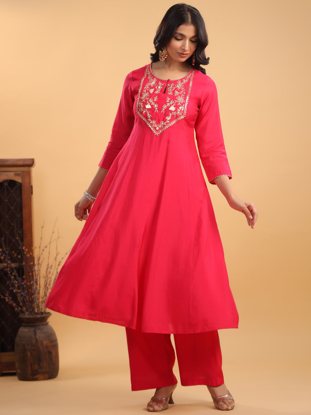 Pink Silk Blend Yoke Embroidered Anarkali Kurta Set