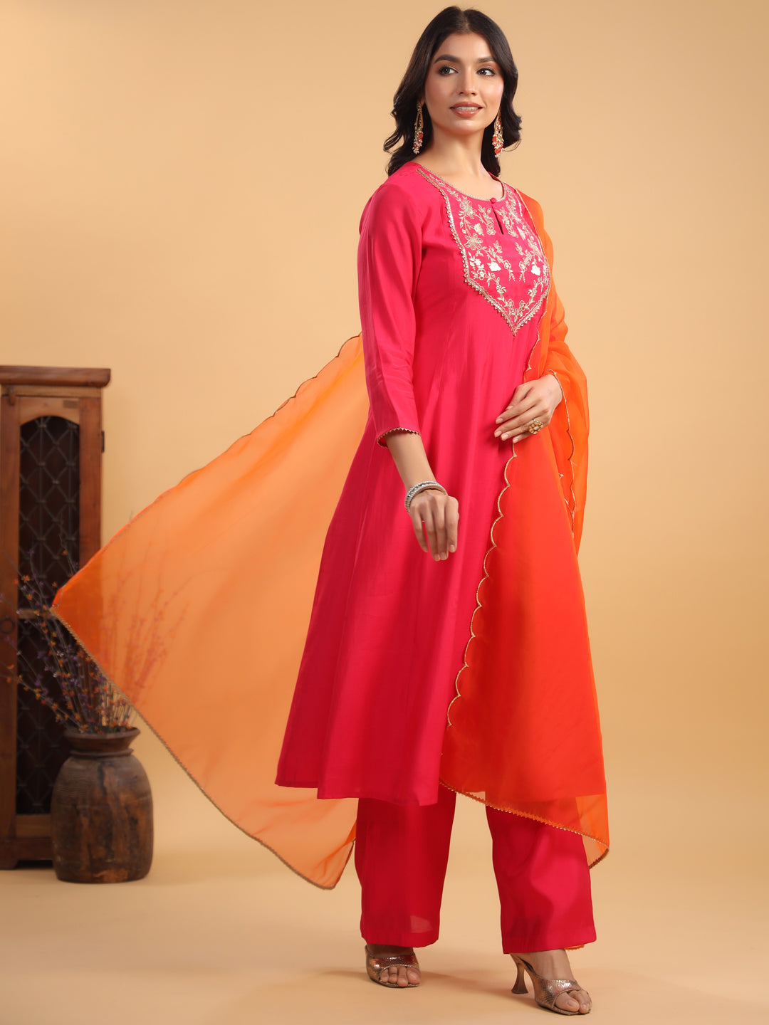 Pink Silk Blend Yoke Embroidered Anarkali Kurta Set