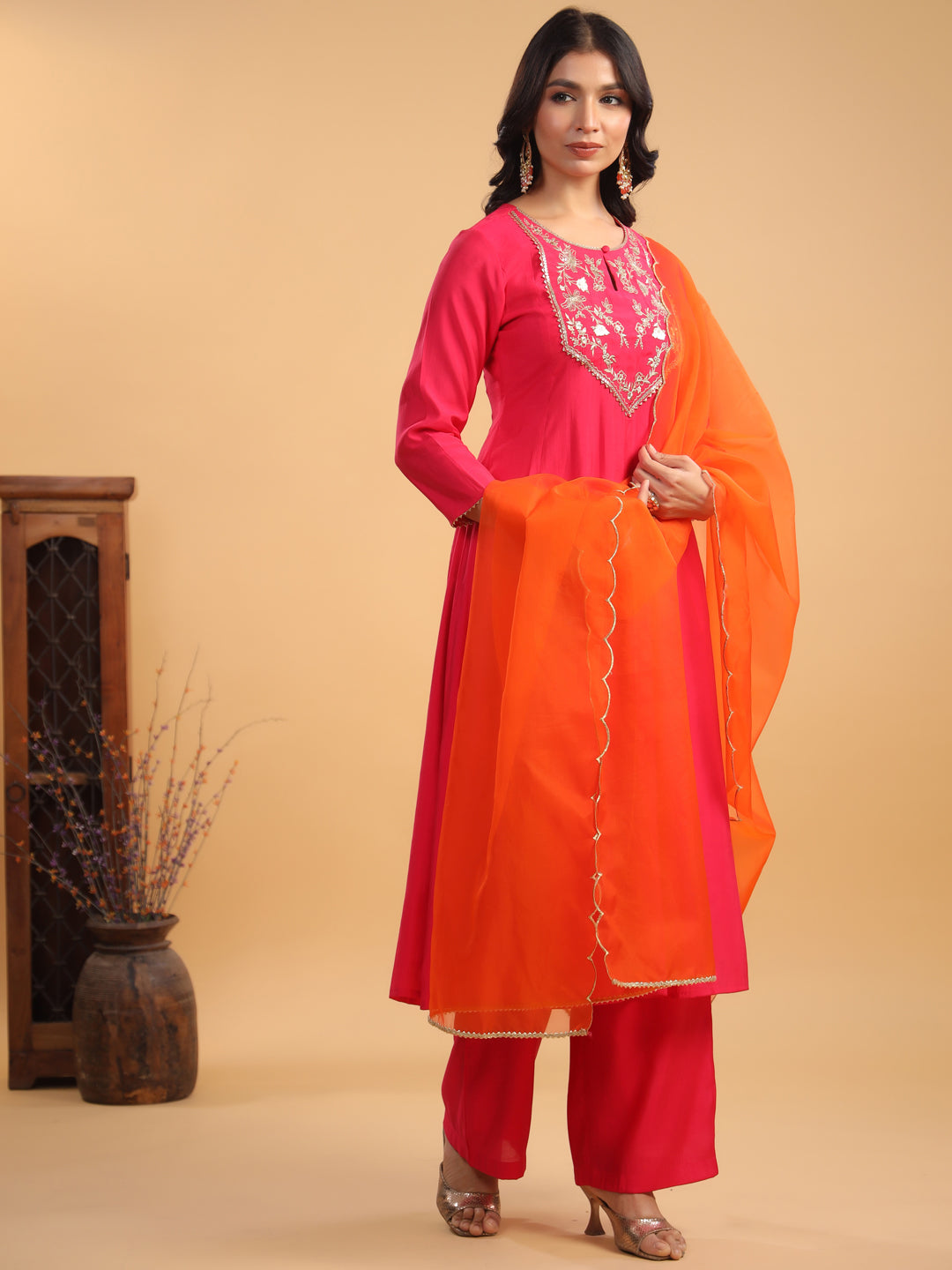 Pink Silk Blend Yoke Embroidered Anarkali Kurta Set