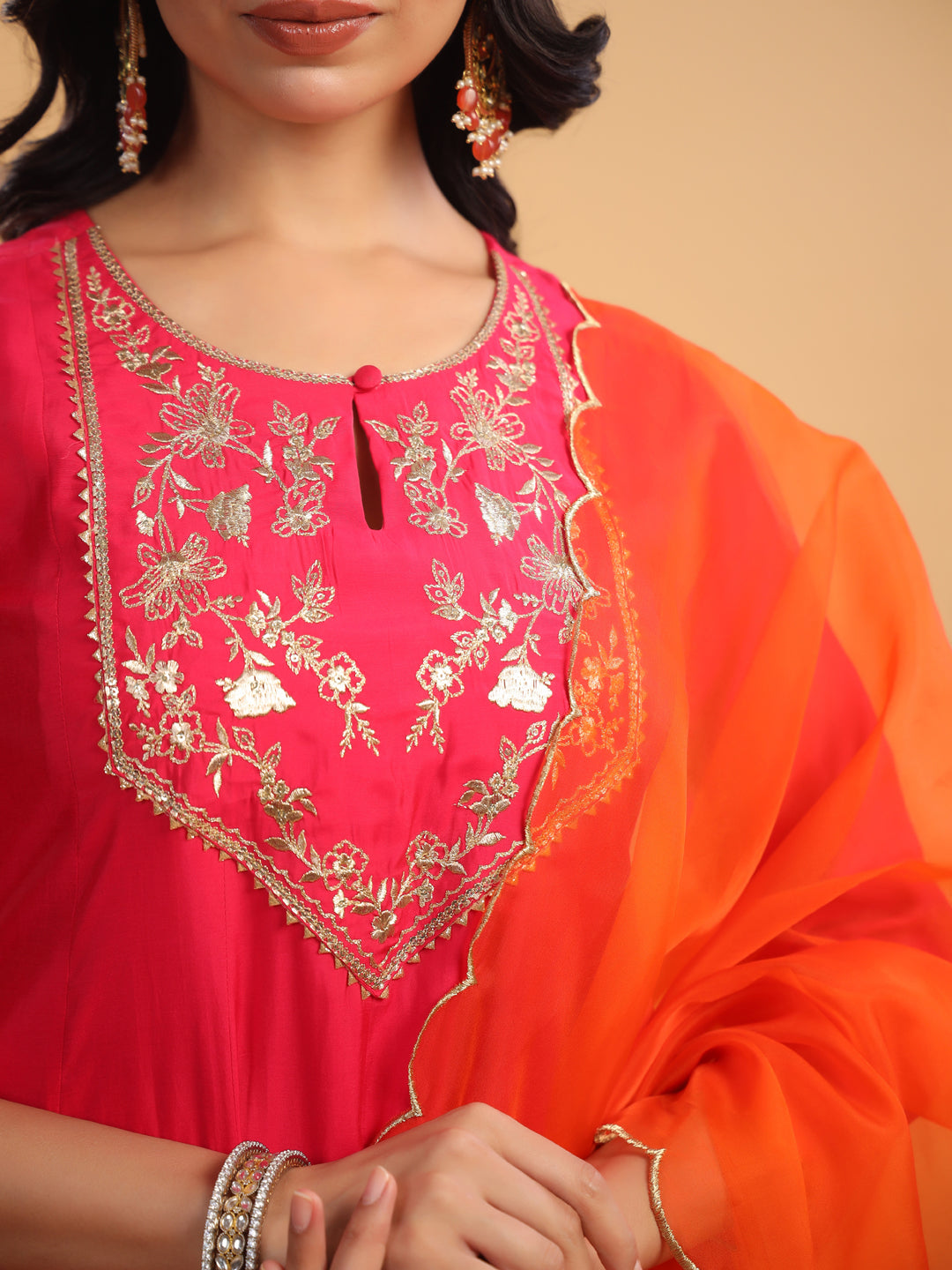 Pink Silk Blend Yoke Embroidered Anarkali Kurta Set