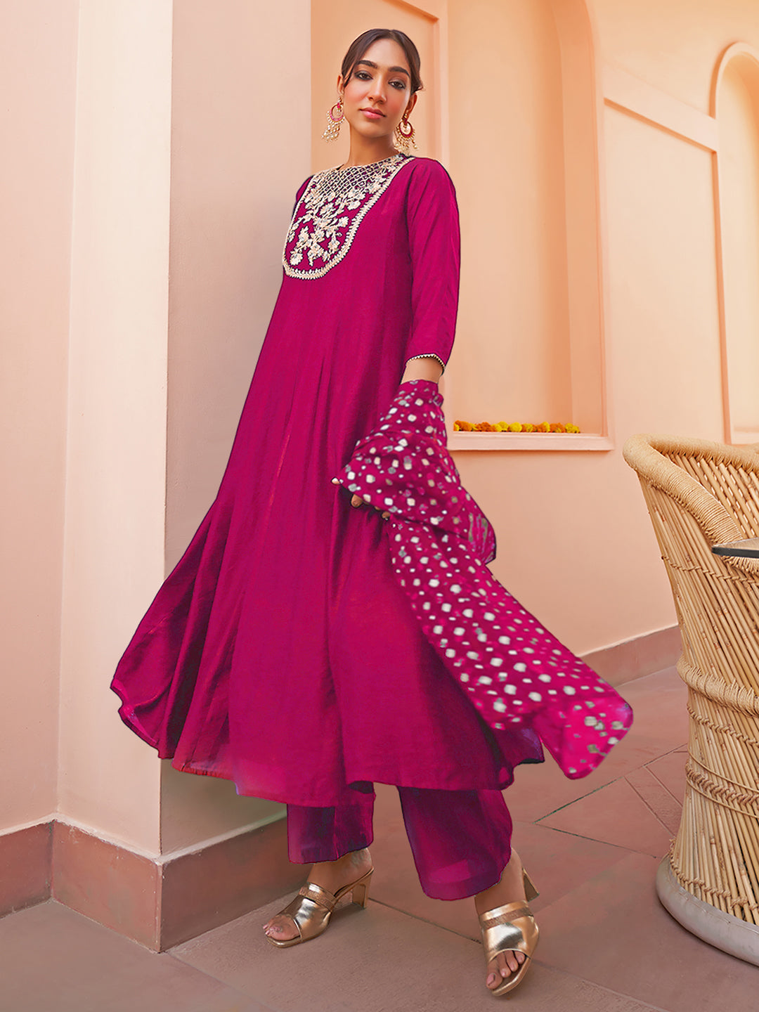 Pink Chanderi Silk Yoke Embroidered Anarkali Kurta Set