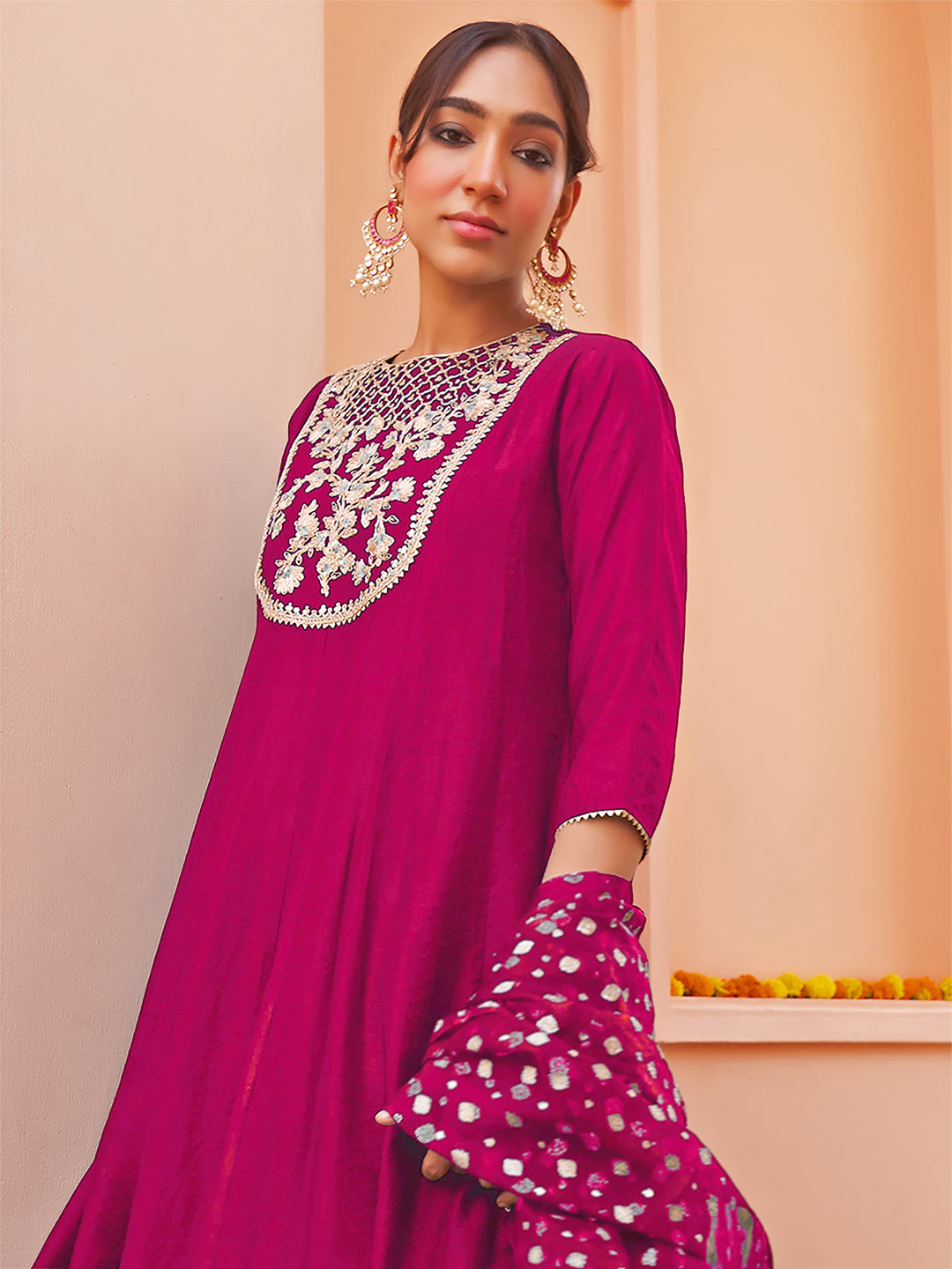 Pink Chanderi Silk Yoke Embroidered Anarkali Kurta Set