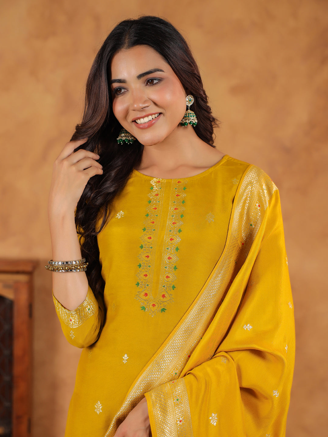 Mustard Silk Blend Jacquard Paithani Style Straight Kurta Set