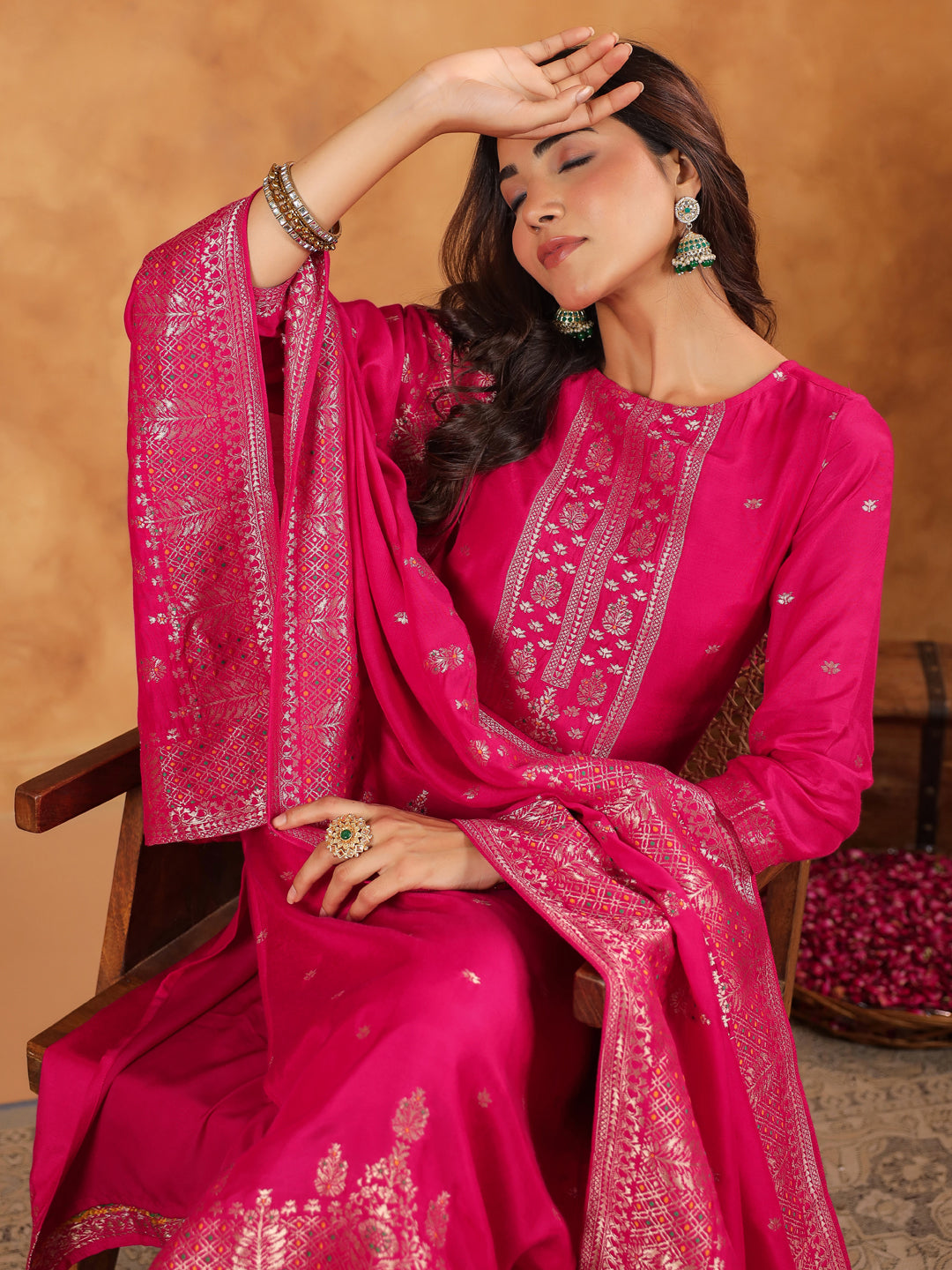 Pink Silk Blend Jacquard Paithani Style Straight Kurta Set