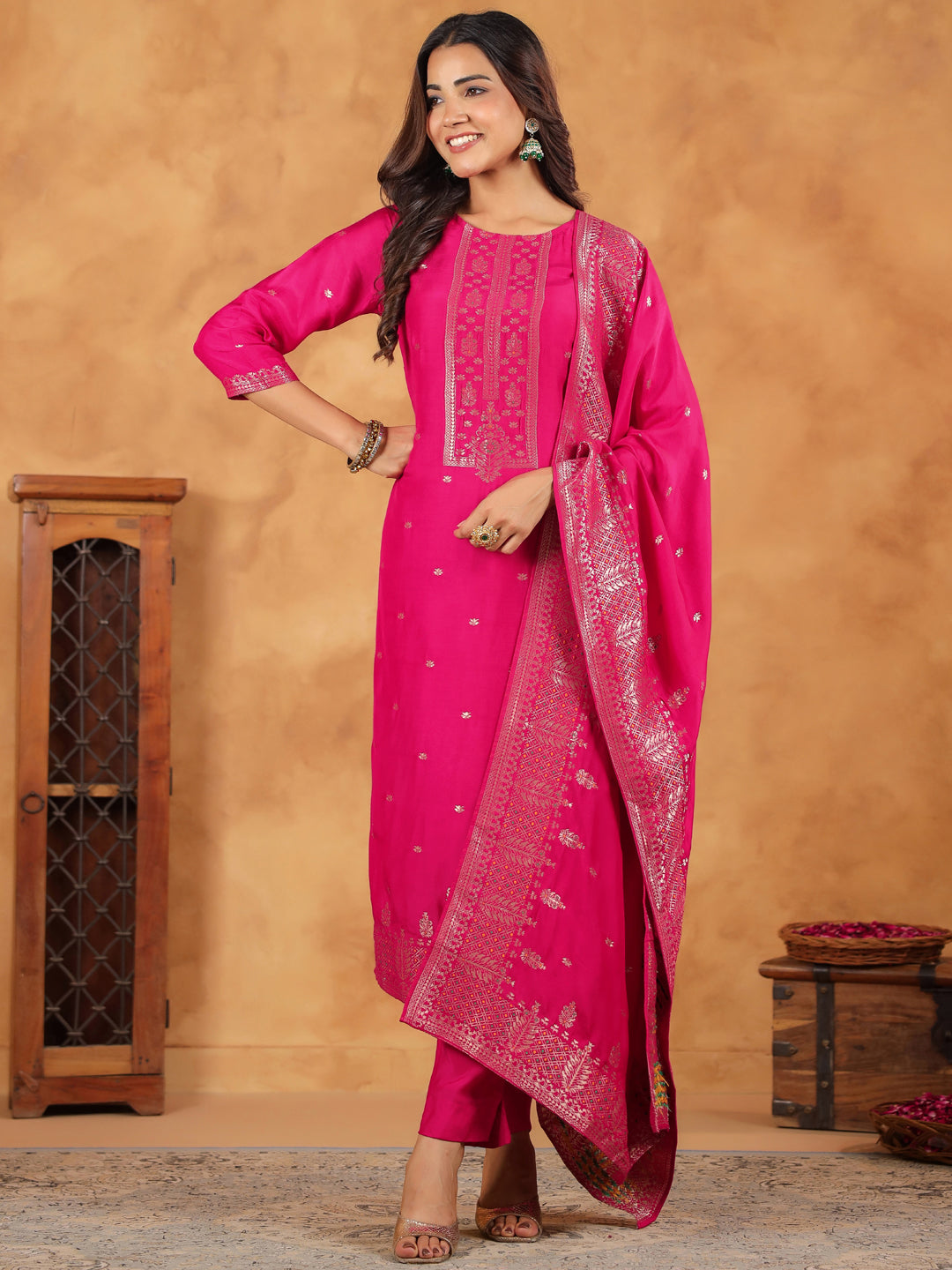 Pink Silk Blend Jacquard Paithani Style Straight Kurta Set