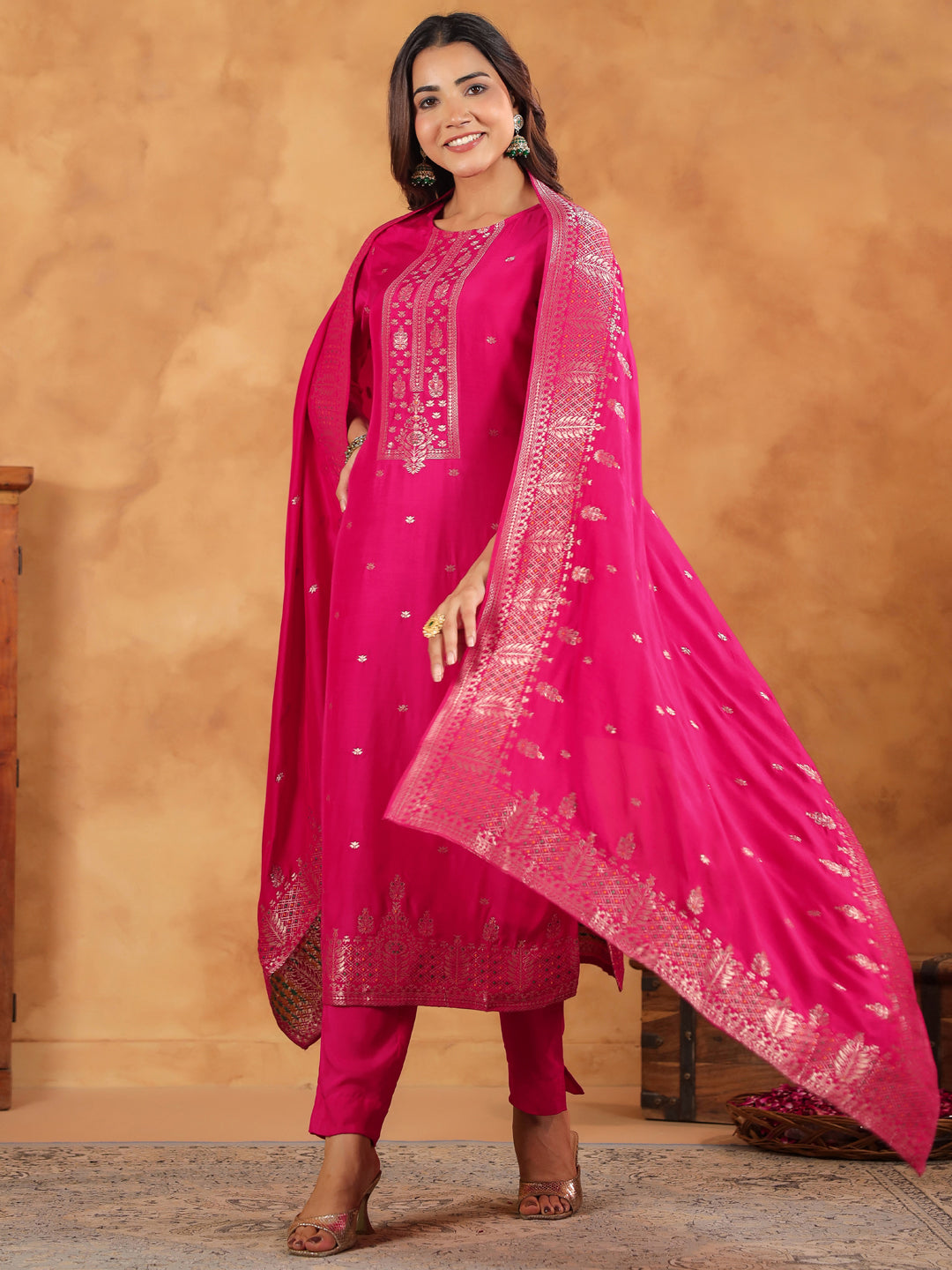 Pink Silk Blend Jacquard Paithani Style Straight Kurta Set