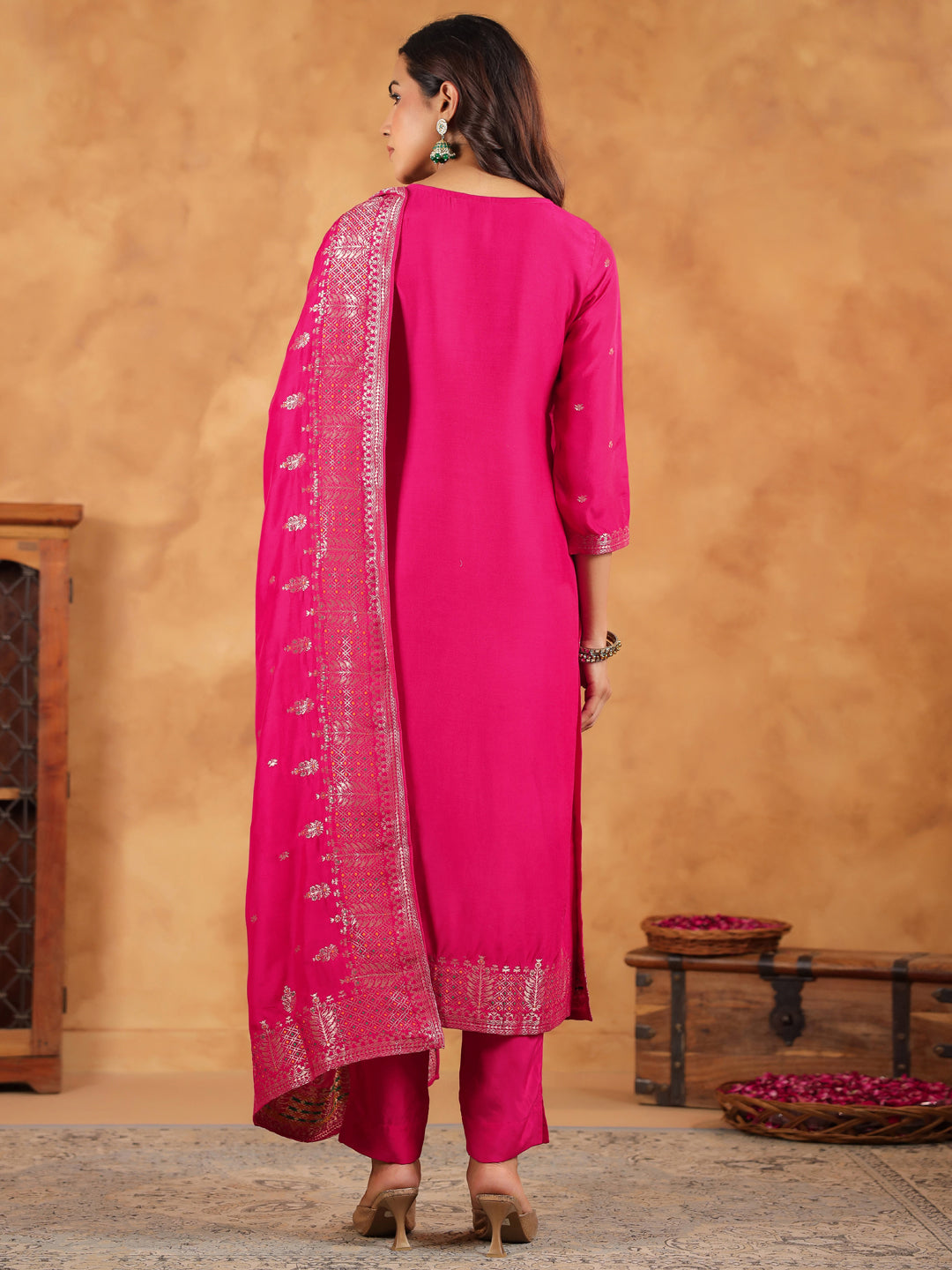 Pink Silk Blend Jacquard Paithani Style Straight Kurta Set