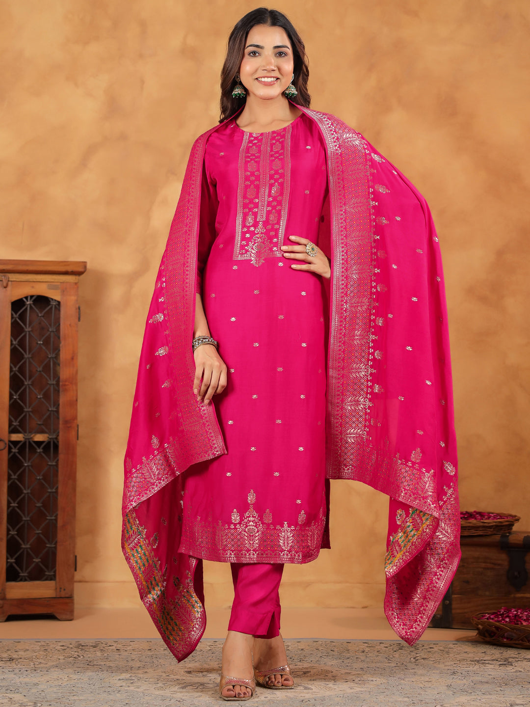 Pink Silk Blend Jacquard Paithani Style Straight Kurta Set