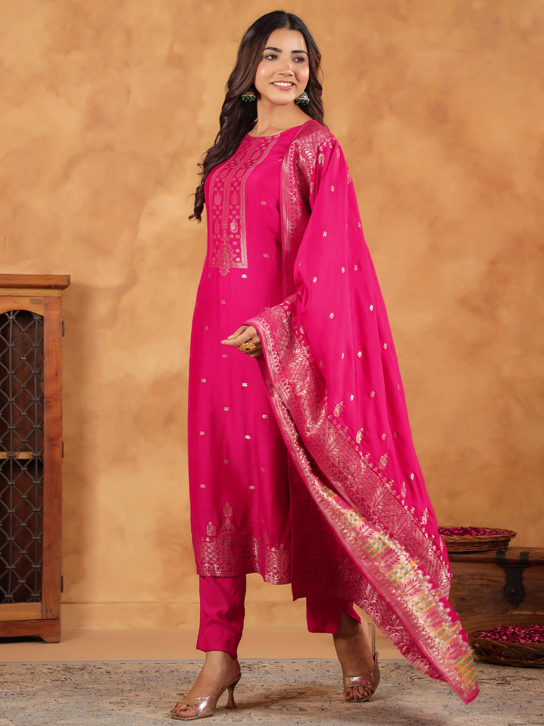 Pink Silk Blend Jacquard Paithani Style Straight Kurta Set