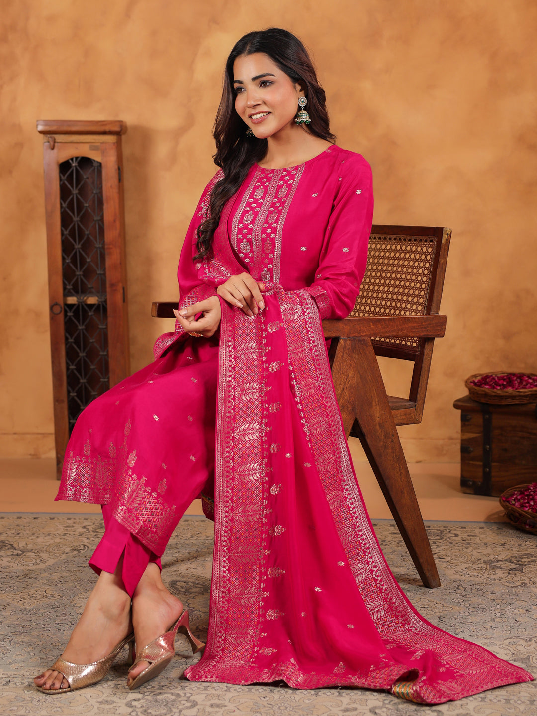 Pink Silk Blend Jacquard Paithani Style Straight Kurta Set