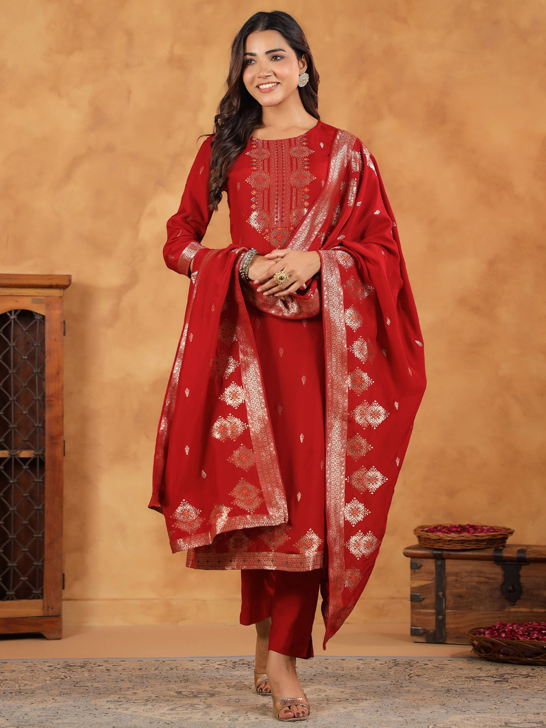 Maroon Silk Blend Jacquard Paithani Style Straight Kurta Set