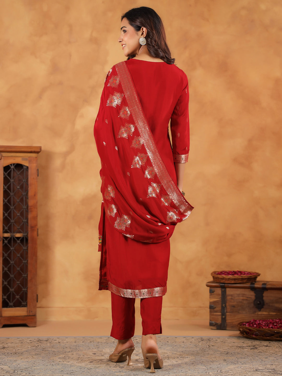 Maroon Silk Blend Jacquard Paithani Style Straight Kurta Set