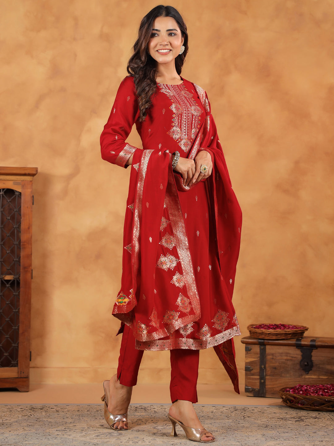 Maroon Silk Blend Jacquard Paithani Style Straight Kurta Set