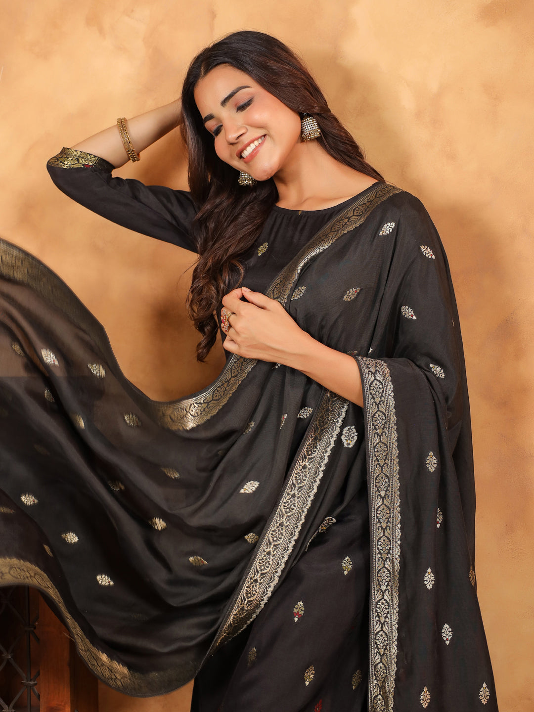 Black Silk Blend Jacquard Paithani Style Straight Kurta Set