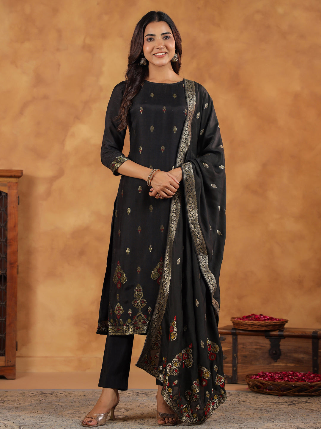 Black Silk Blend Jacquard Paithani Style Straight Kurta Set