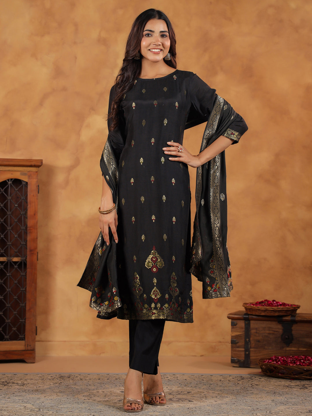 Black Silk Blend Jacquard Paithani Style Straight Kurta Set