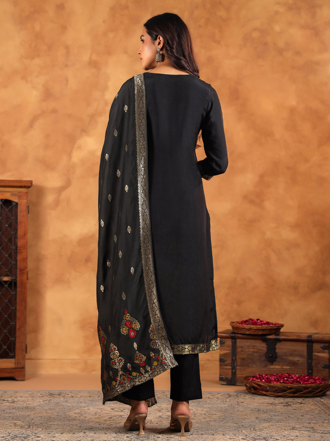 Black Silk Blend Jacquard Paithani Style Straight Kurta Set